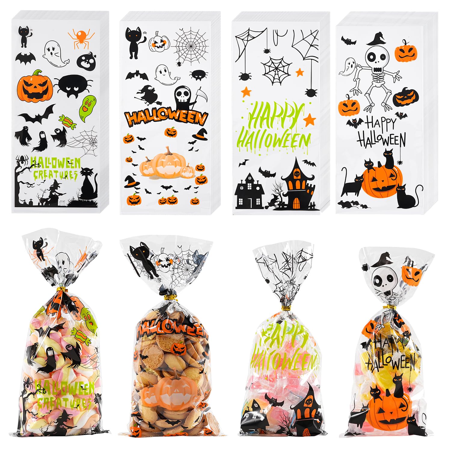 HASTHIP® Halloween Cellophane Treat Bags, 100pcs Trick or Treat Goody Gags with Twists for Snacks Cookies Packing, Goodie Bags Party Supplies HASTHIP® Halloween Cellophane Treat Bags, 100pcs Trick or Treat Goody Gags with Twists for Snacks Cookies Packing, Goodie Bags Party Supplies